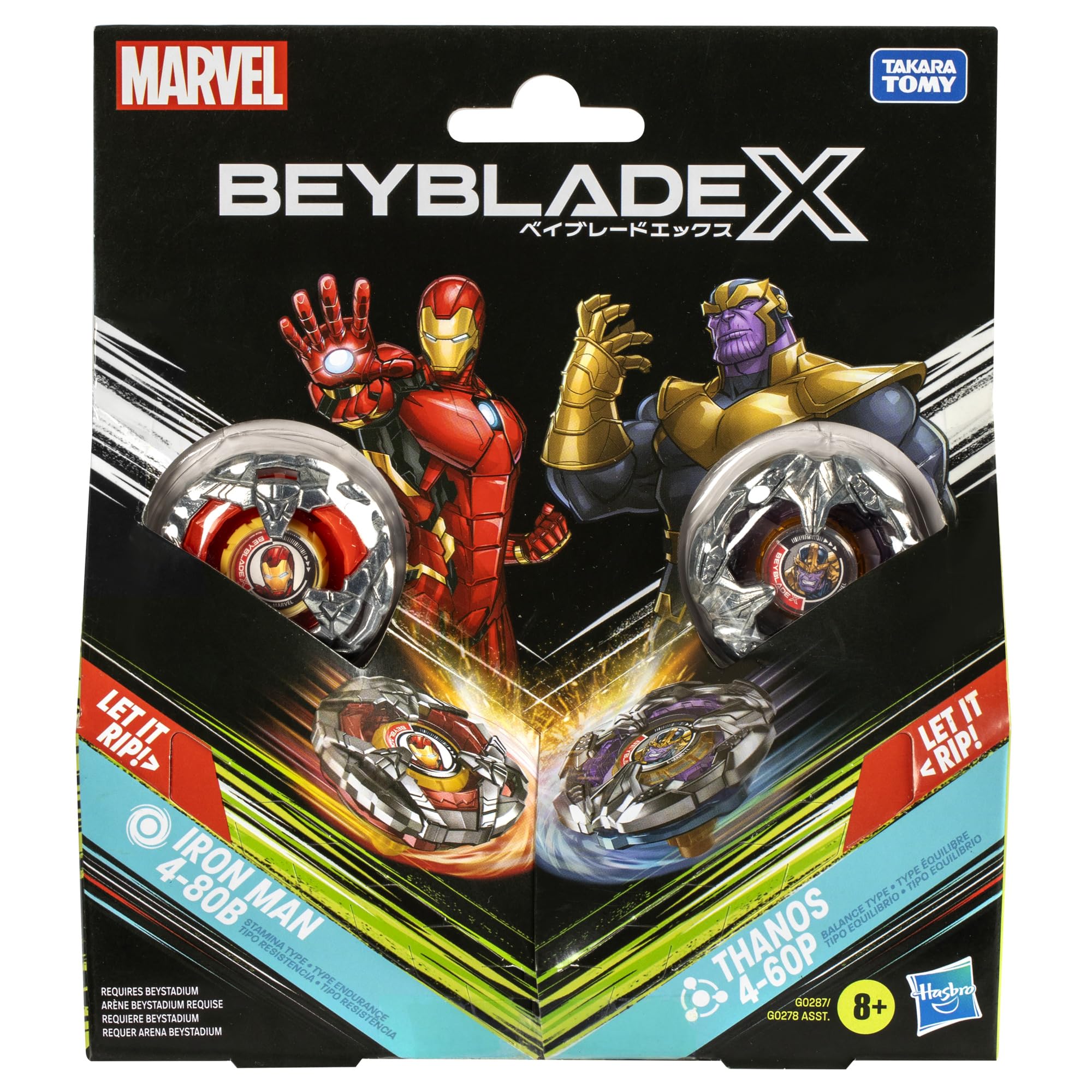 Takara Tomy 的Beyblade l戰鬥爆旋陀螺 X 漫威聯名系列套裝鋼鐵人 4-80B 和薩諾斯 4-60B