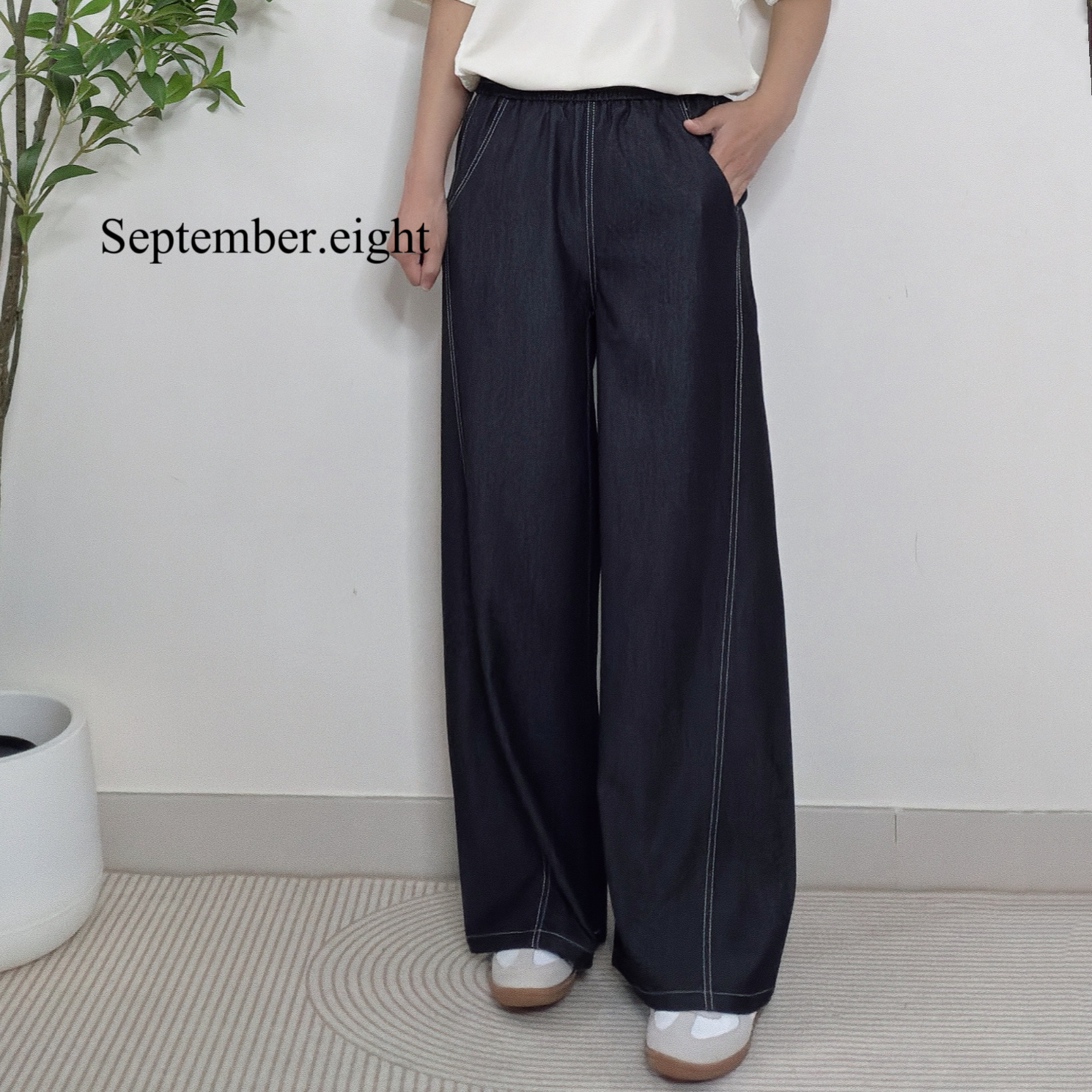 明線仿牛仔布闊褲