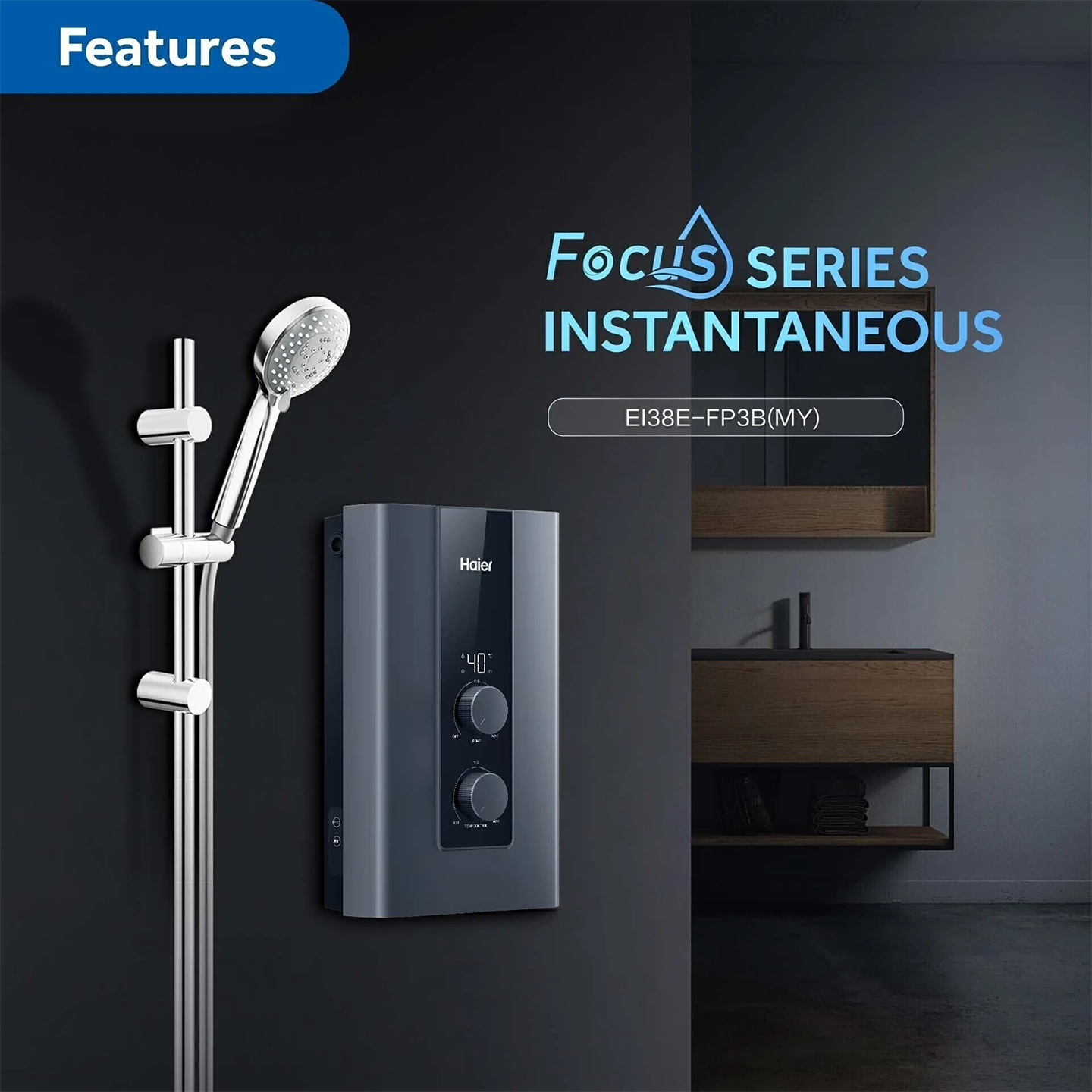 Haier 3.8kW Non-Pump Water Heater Black (EI38E-FP3B)