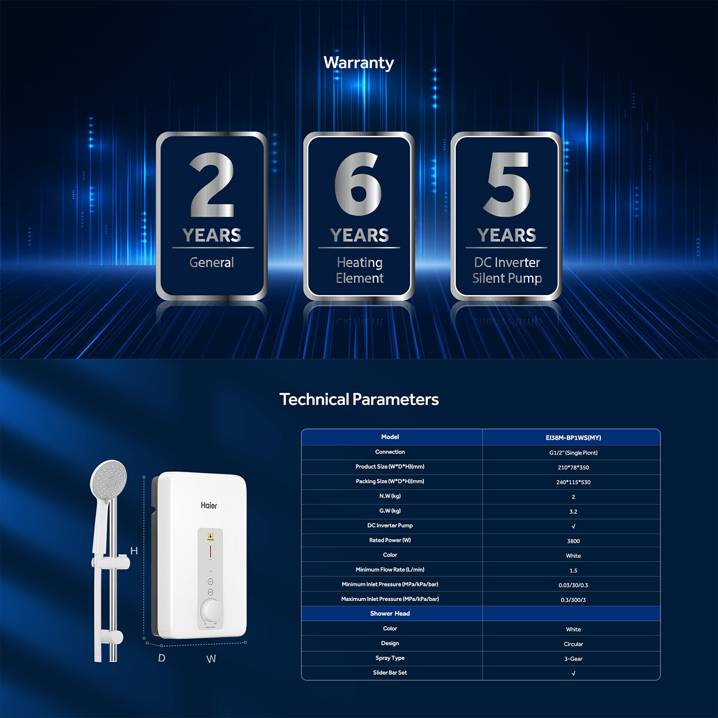 Haier 3.8kW DC Pump Water Heater Silver (EI38M-BP1WS)