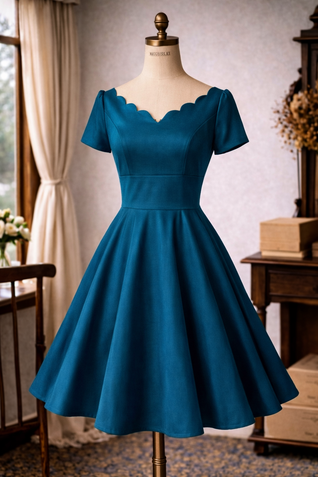 (Ready/Custom-Made) Heirloom Series Scallop Edge Swing Cocktail Dress - Peacock Blue (FM170)
