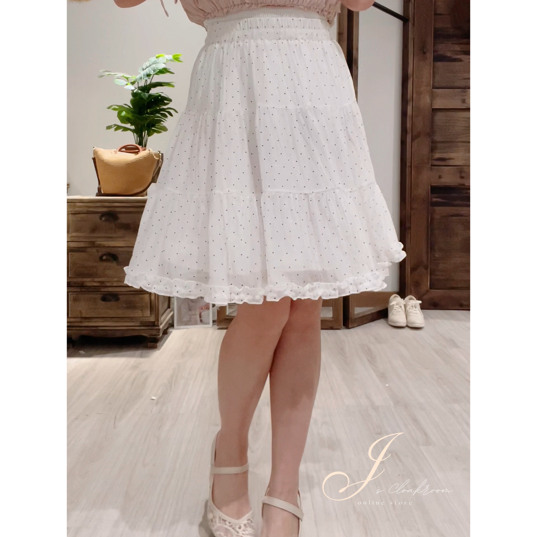 輕盈木耳邊小點點半截裙(KR)[白色]369833