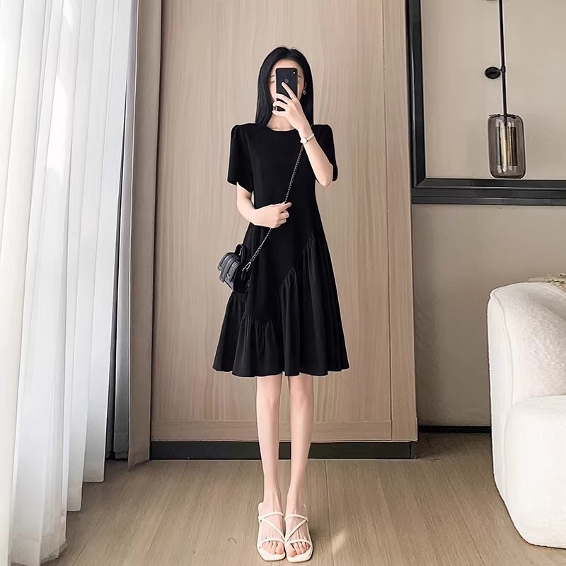 B258(6850) 法式赫本风拼接不规则荷叶下摆黑连身裙 