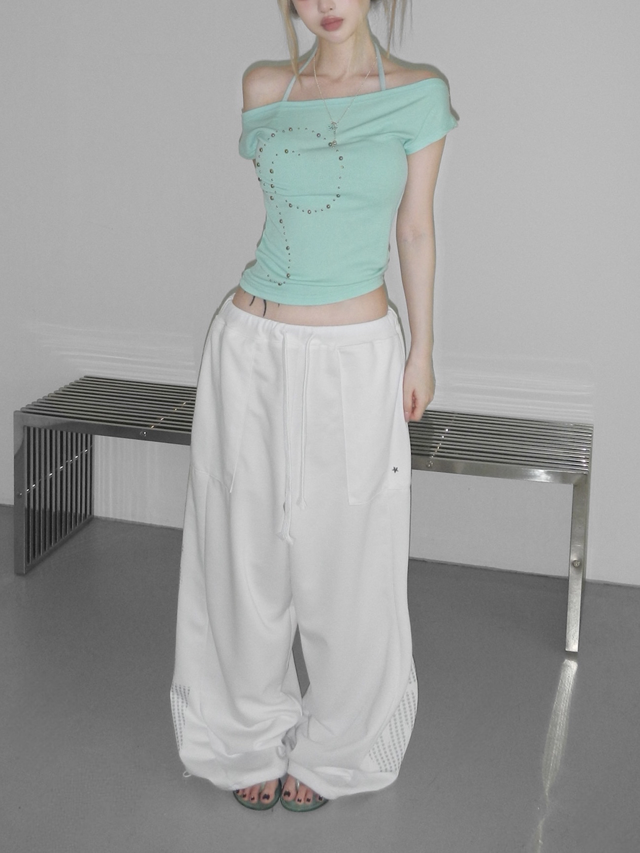 Studded Off-Shoulder Short Sleeve Top