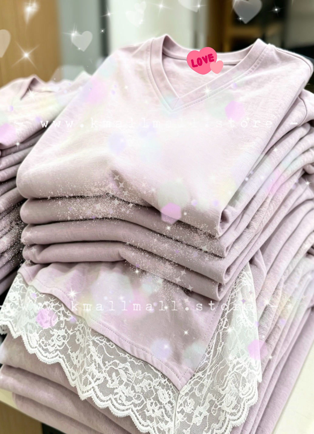 假兩件柔粉拼接Lace Top