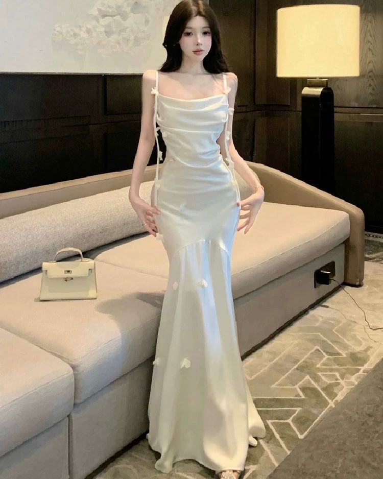 A240021 French-Inspired Satin Cowl Neck Dress with 3D Floral Appliqué, Delicate Ribbon Details & Flattering Cinched Waist