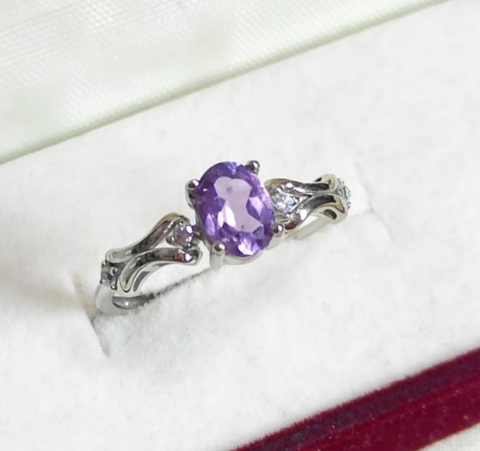 天然紫水晶精工s925銀微鑲鋯石開口戒指