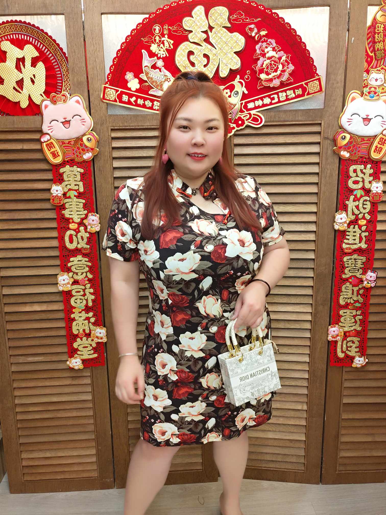 TW#5689 旗袍款玫瑰花连衣裙