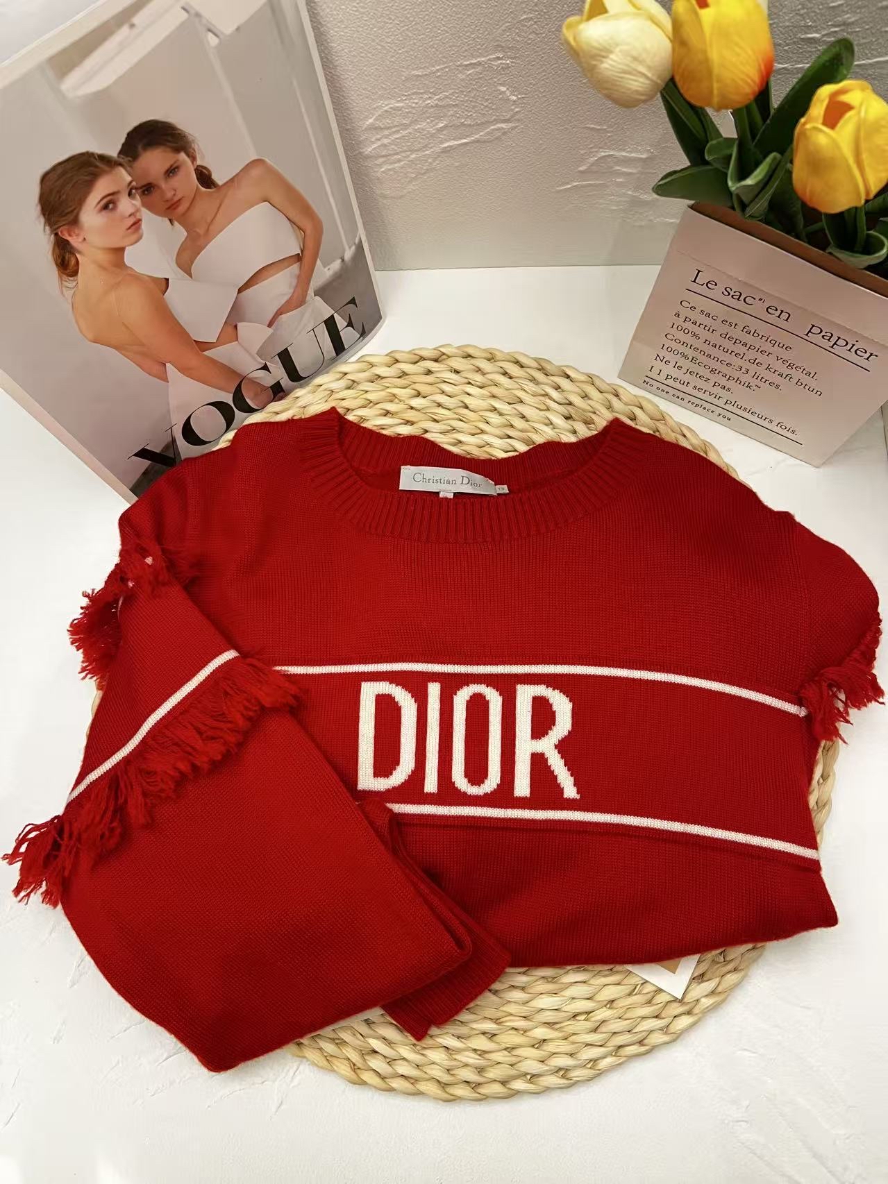 Christian Dior Fringe Logo Sweater（100% Wool)