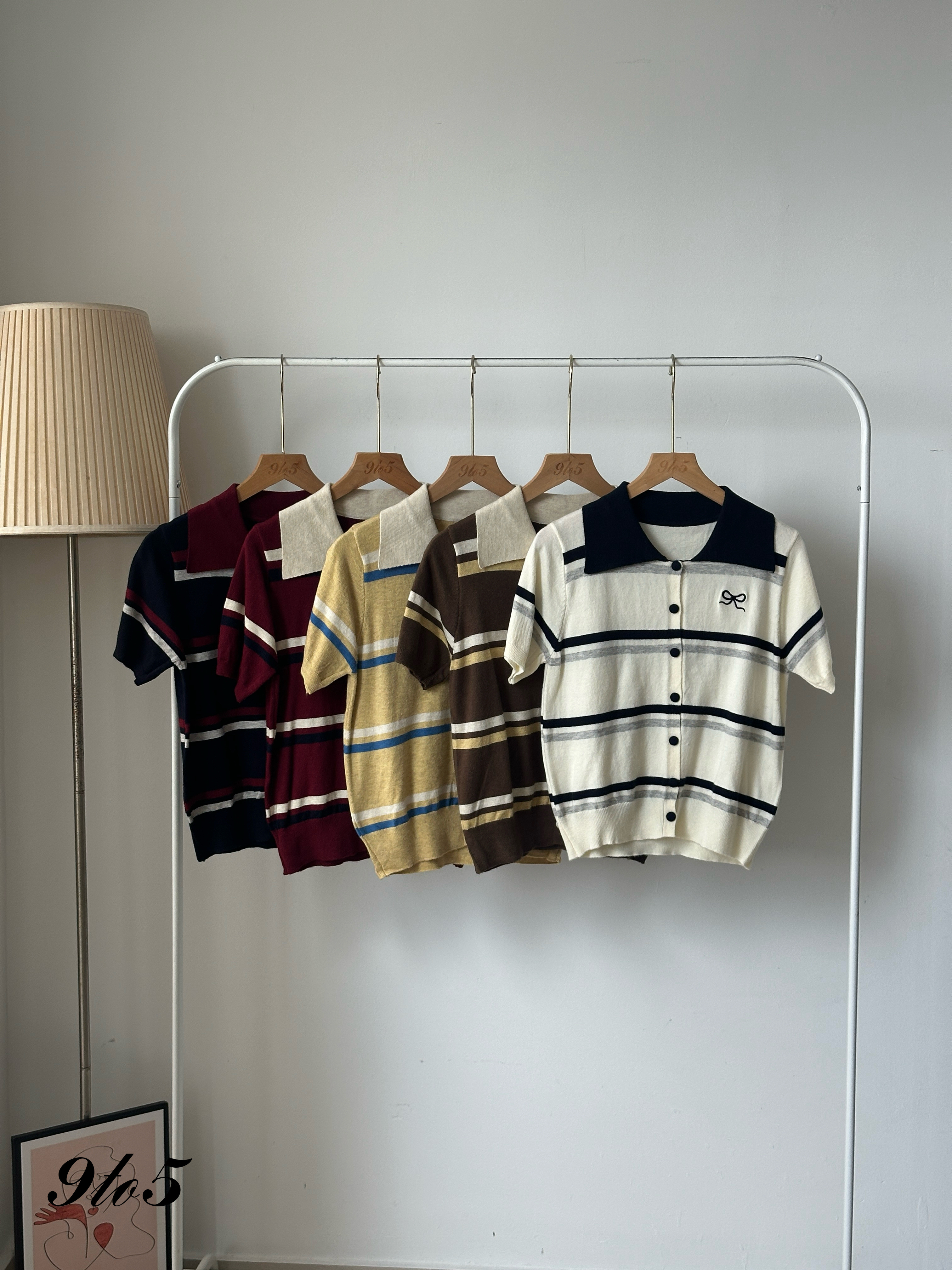T4026 Striped Knit Polo Tee - 5 Colors