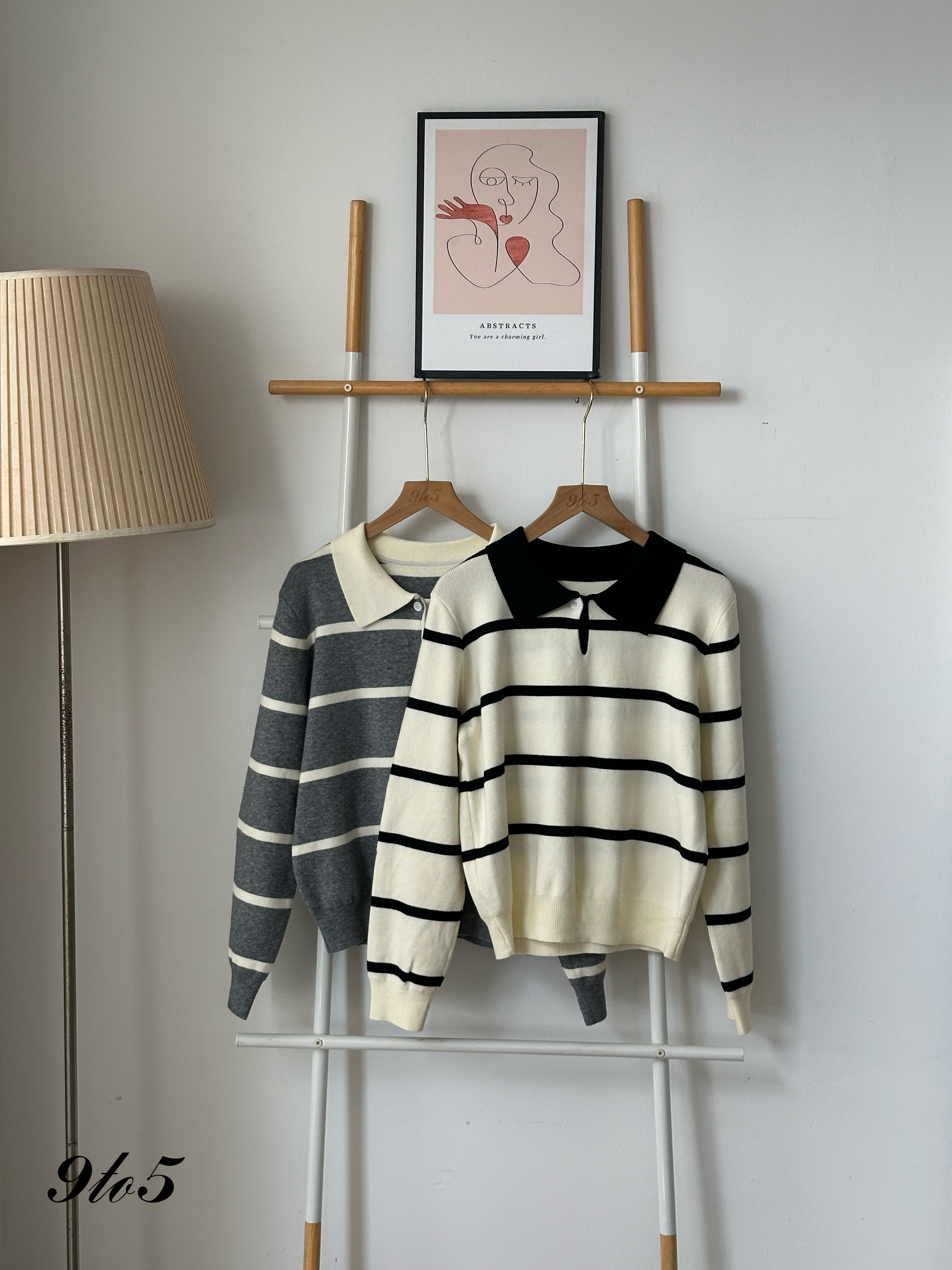 T4006 Striped Knit Polo Shirt - Black & Grey