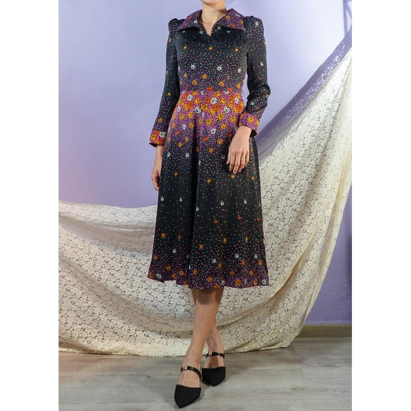 Vintage Scattered Firework Tone Floral Pattern Wing Tip Collar Tailored Dress(MT1840-11)