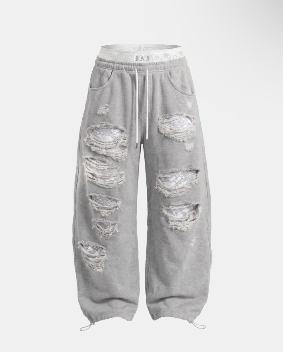BADBLOOD新款[w-pts26-104] Lace Layered Destroyed Curved Joggers - Gray