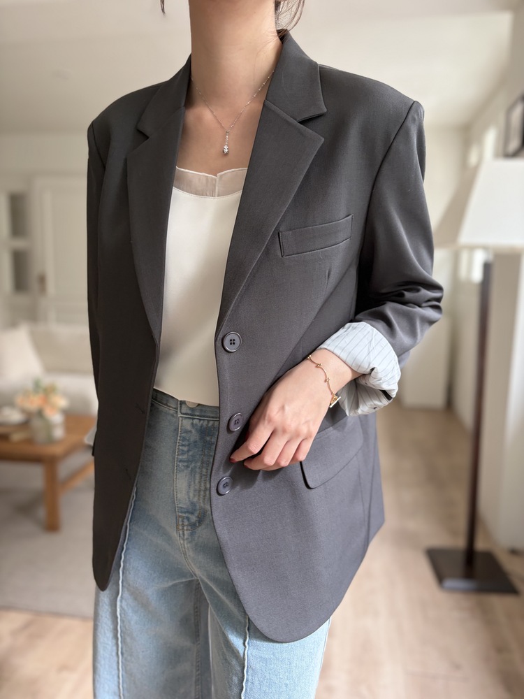 Margot Blazer with Striped Cuffs (Charcoal)