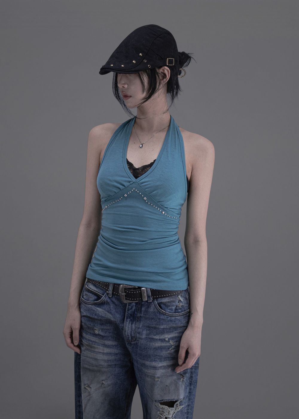 Studded Ruched Halterneck Top