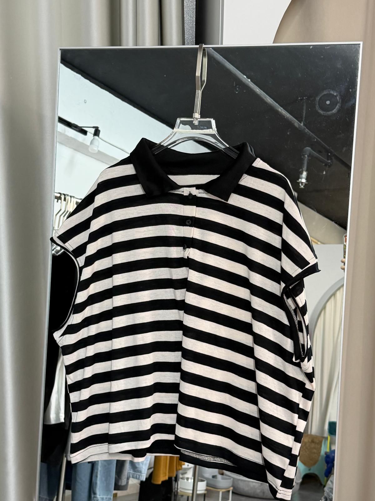 SS2631 黑白條紋翻領寬鬆短袖上衣