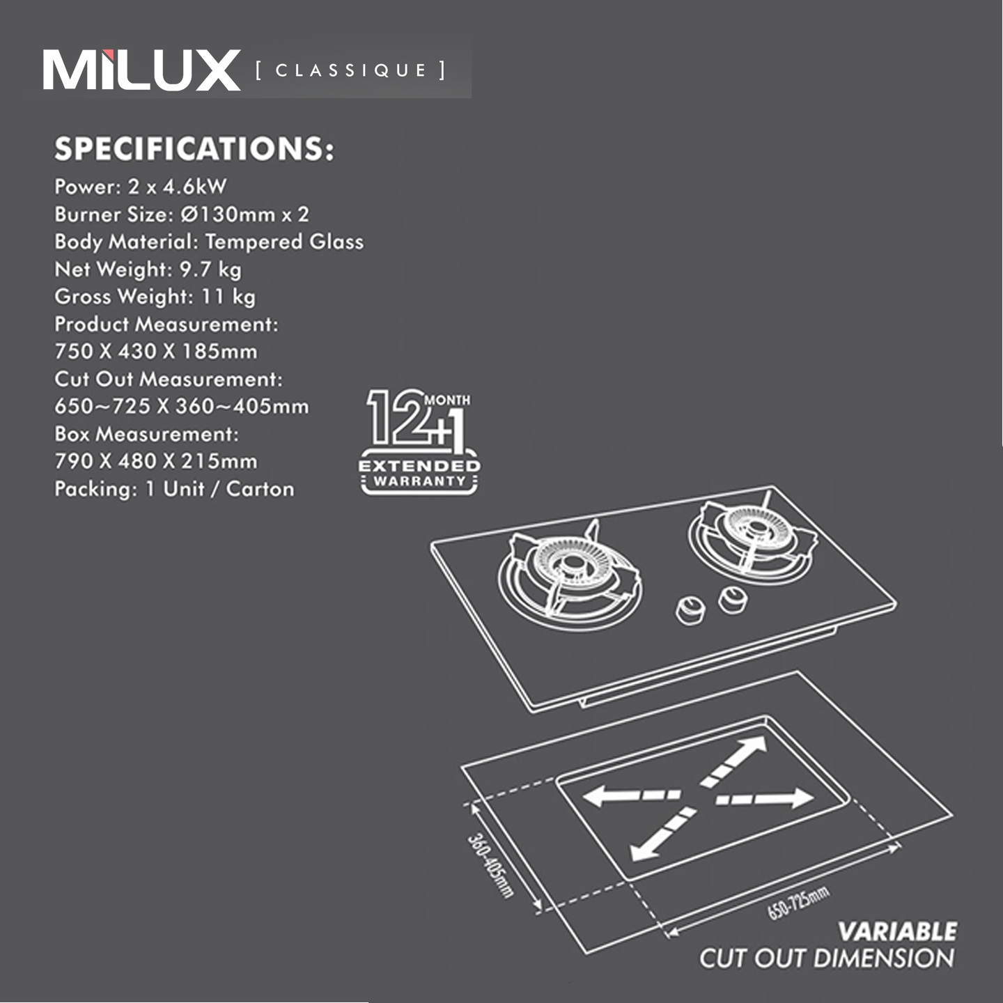 Milux 4.6kW Tempered Glass Built-in Hob (MGH-F266L)