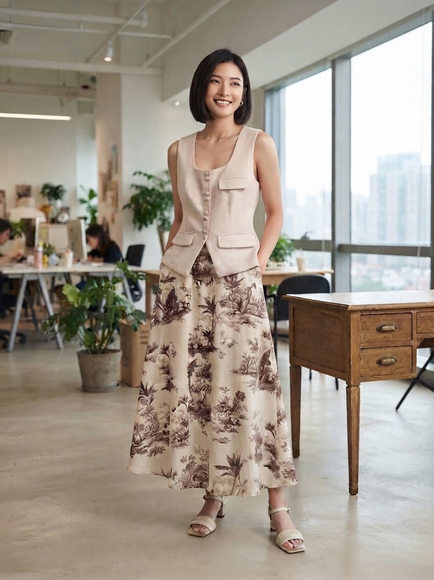 Linen Flora Midi Skirt
