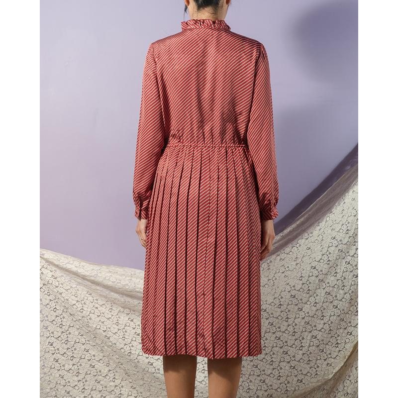 Vintage Japanese Striped Ruffle Trim Elegant Day & Night Pleated Dress (MT1608-143)