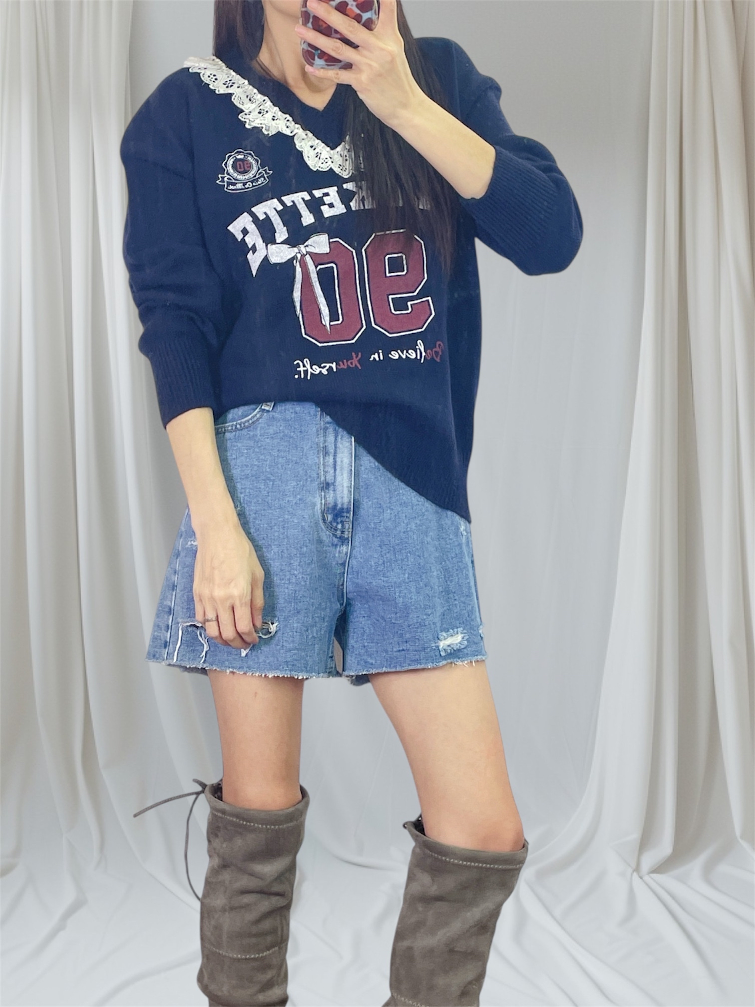 K5532 Lace邊V領針織top