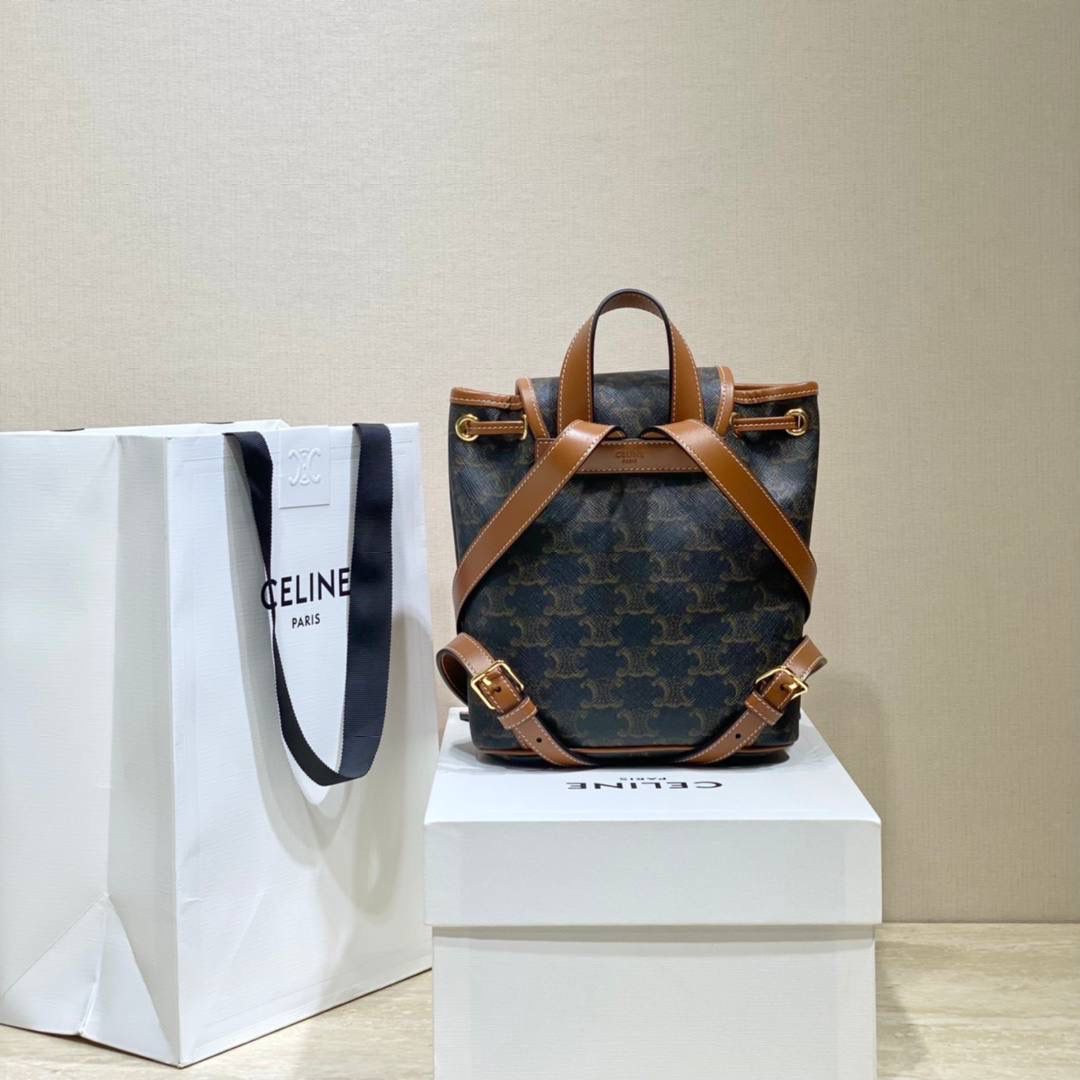 🔥大货实拍图 𝗖𝗘𝗟𝗜𝗡𝗘 ♥𝗧𝗥𝗜𝗢𝗠𝗣𝗛𝗘 𝗖𝗔𝗡𝗩𝗔𝗦 𝗙𝗢𝗟𝗖𝗢 型号：197662 尺寸：17*20*10cm 本命老花mini凯旋门背包🤎复古小巧，实用性设计🔥肩带长度可调节，单肩斜挎都很好看！