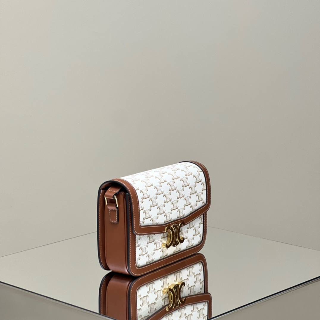 🔥大货实拍图 𝗖𝗘𝗟𝗜𝗡𝗘 ♥ 𝗧𝗥𝗜𝗢𝗠𝗣𝗛𝗘 𝗕𝗢𝗫 型号：191242 中号尺寸：22.5*16*7cm 小号尺寸：18.5*14*6cm 凯旋门自发行以来就一直火的一塌糊涂，最开始的老花到纯色到帆布，这只帆布真的太好看了，超级清新！