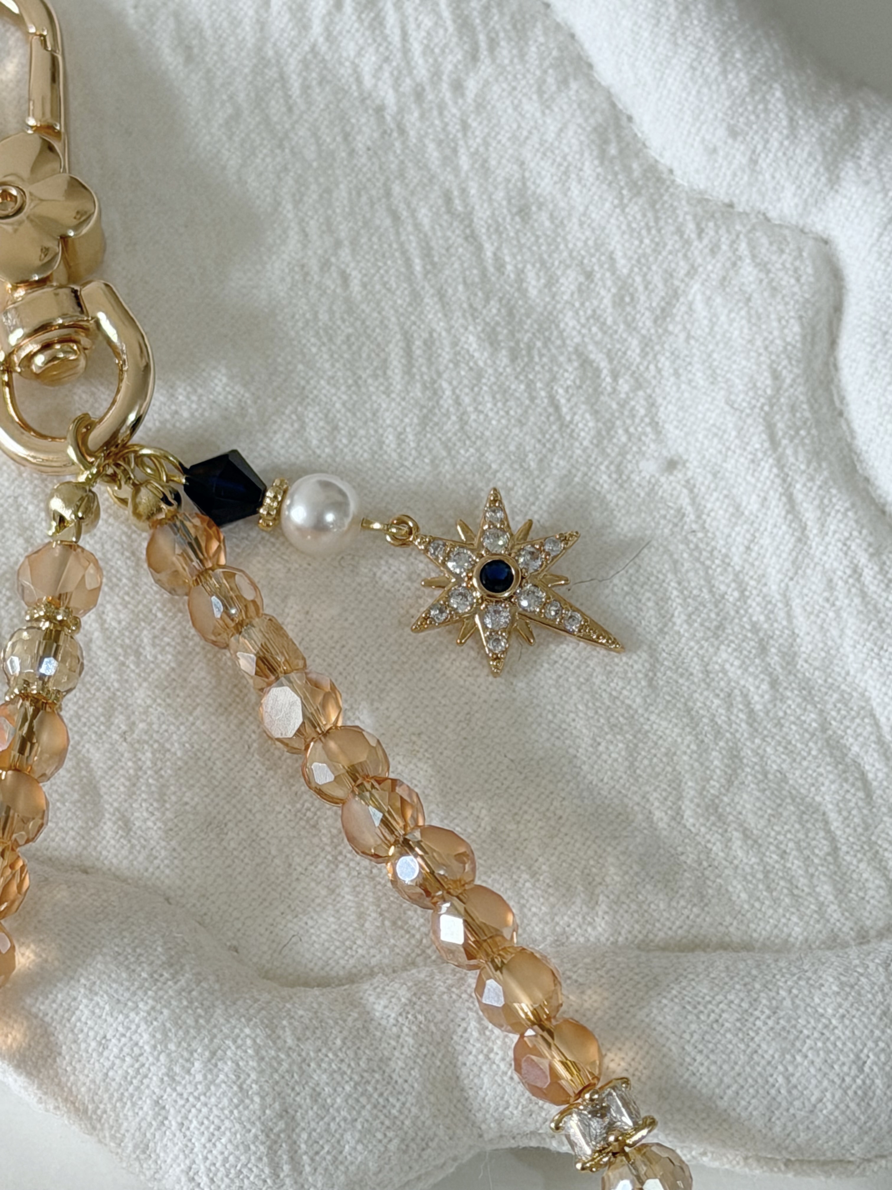 復古彩珠電話繩/ 藍寶石星星x蜜桃茶色