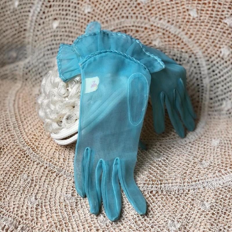 Vintage c.a. 1950s Aqua Turquoise Sheer Gloves Size 7 with White Overstitch-New Old Stock(MT165-1)