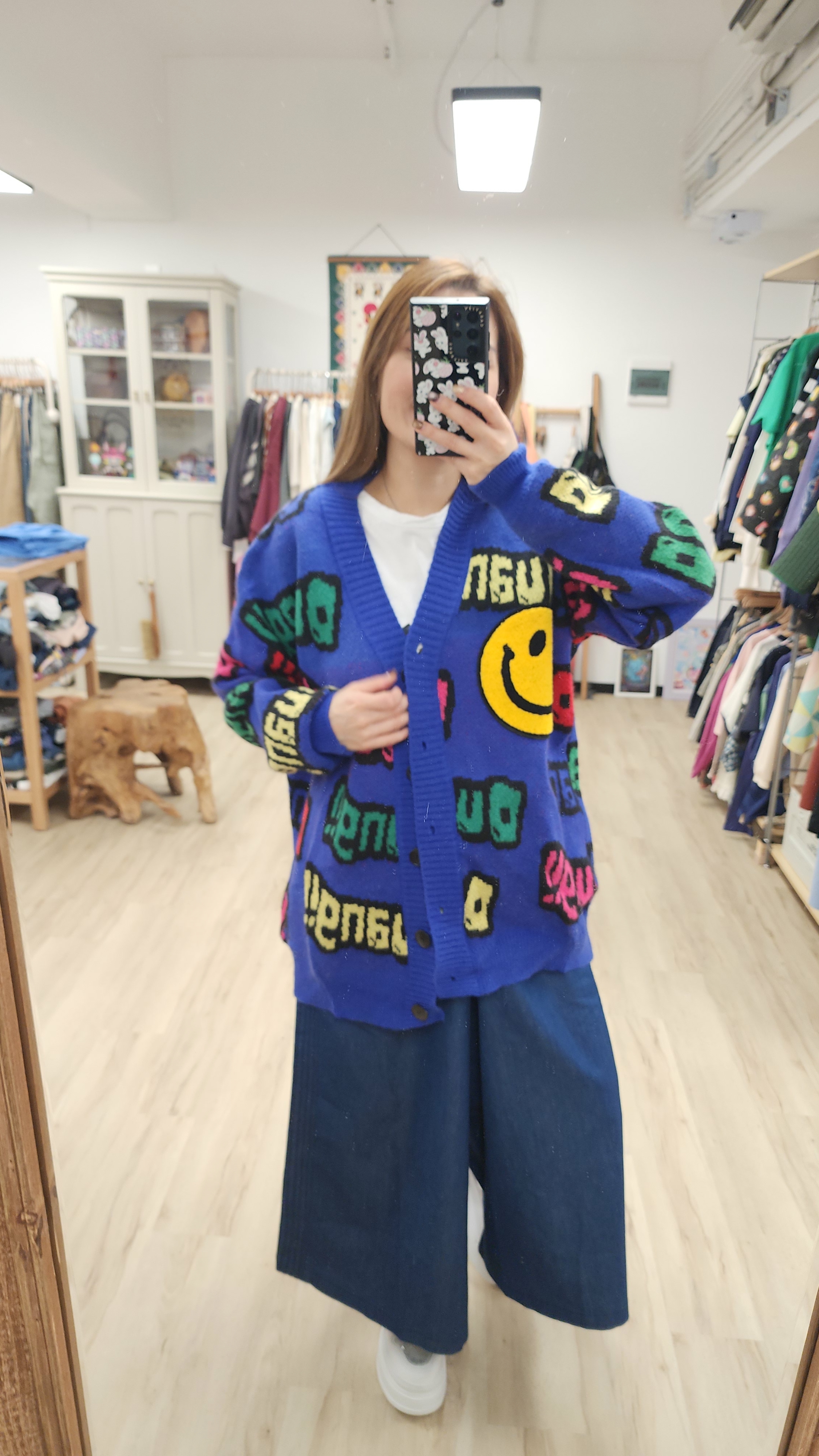 韓國藍拼彩字母哈哈笑針織外套