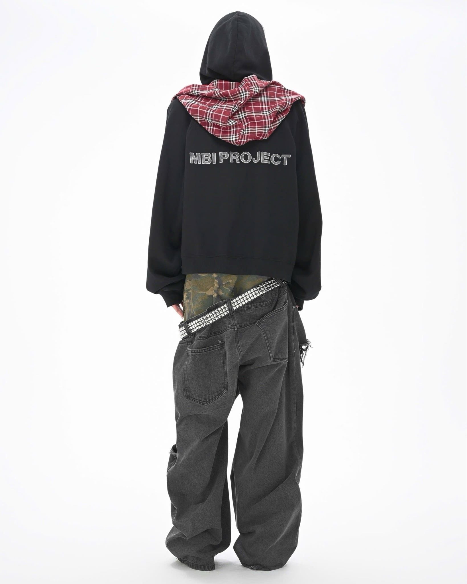 CHECKERED SCARF ZIP HOODIE - Faded Black