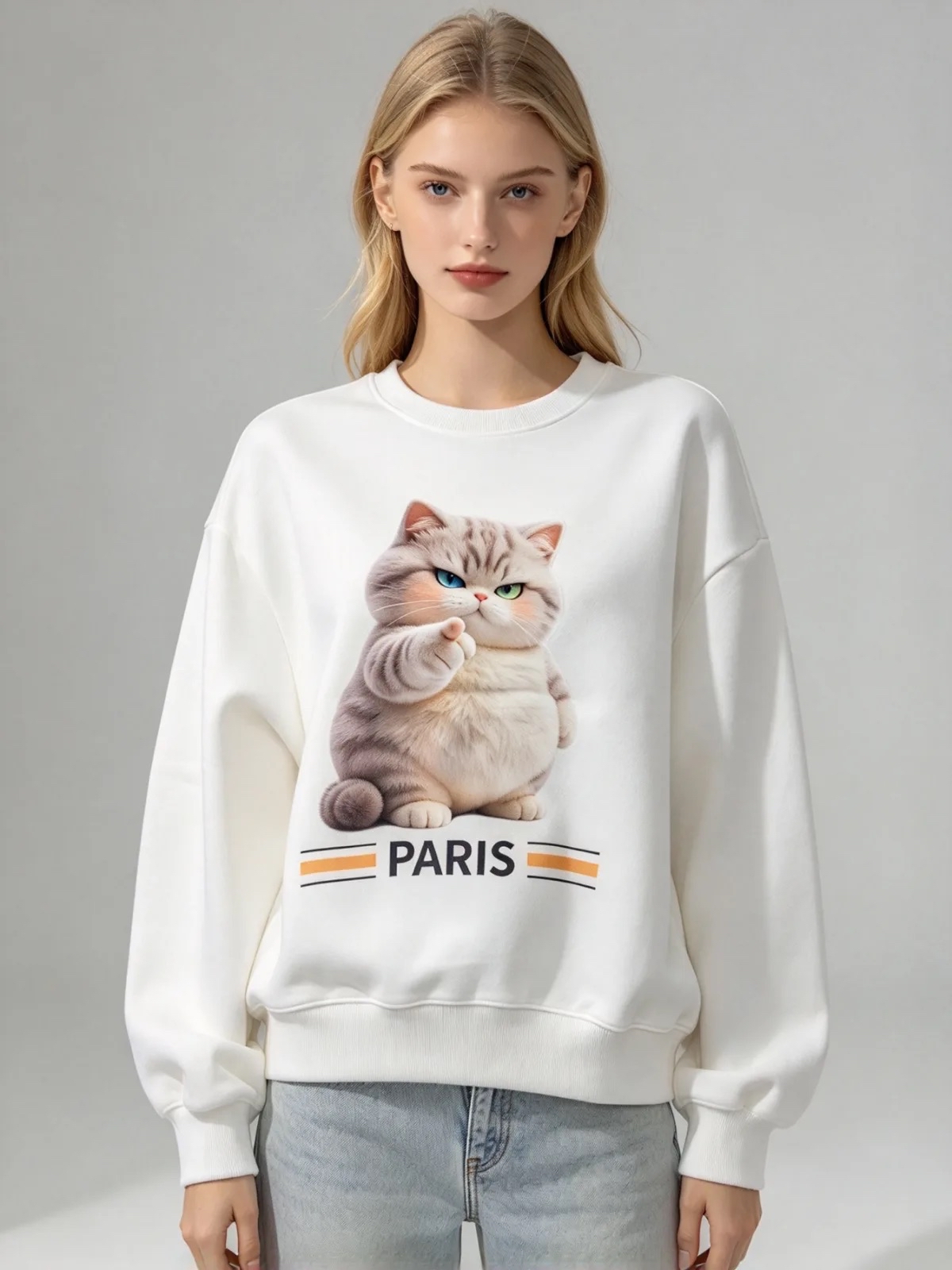 [訂購］A037 Chubby Pointing Cat Paris Sweatshirt