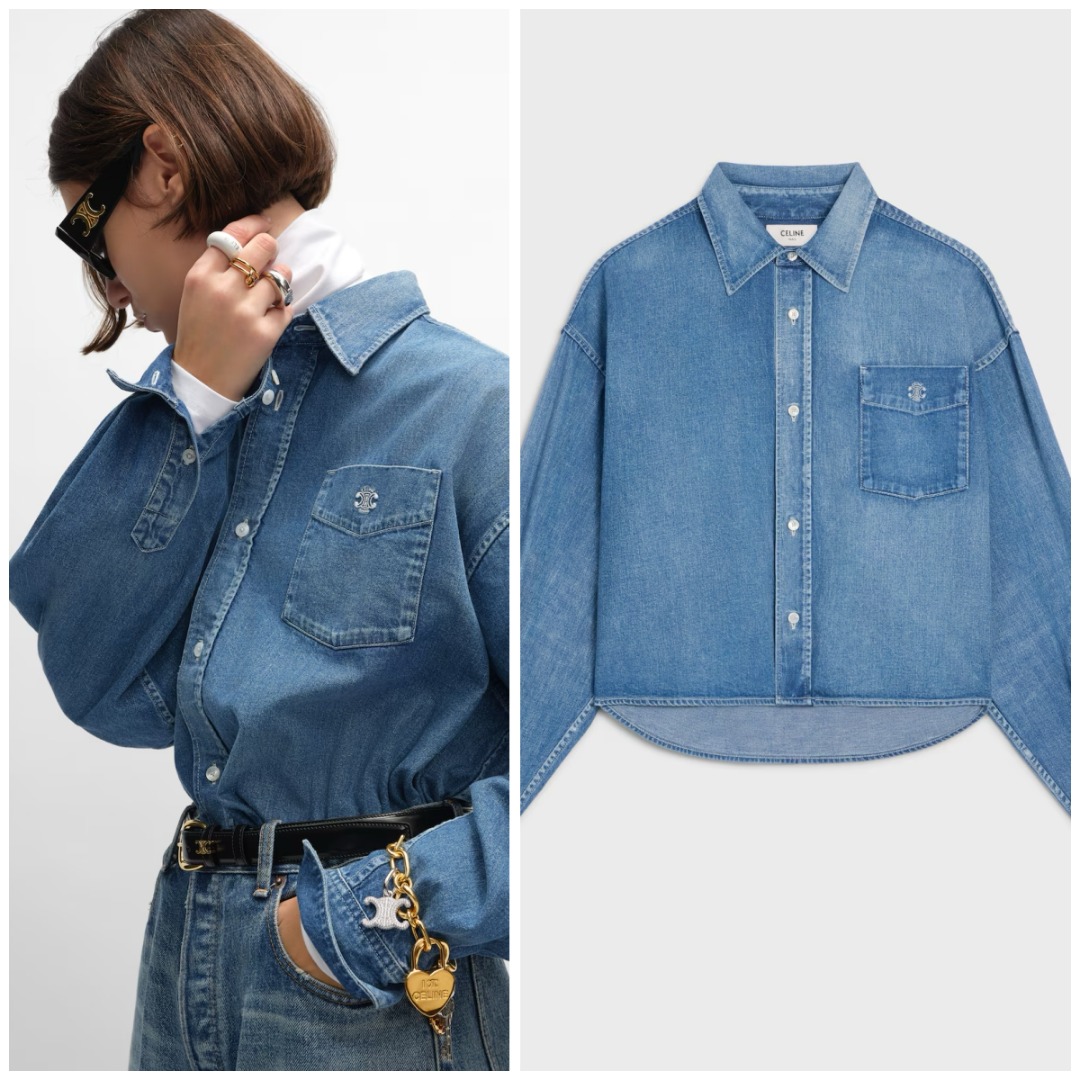 CELINE 口袋刺繡徽標牛仔恤衫
