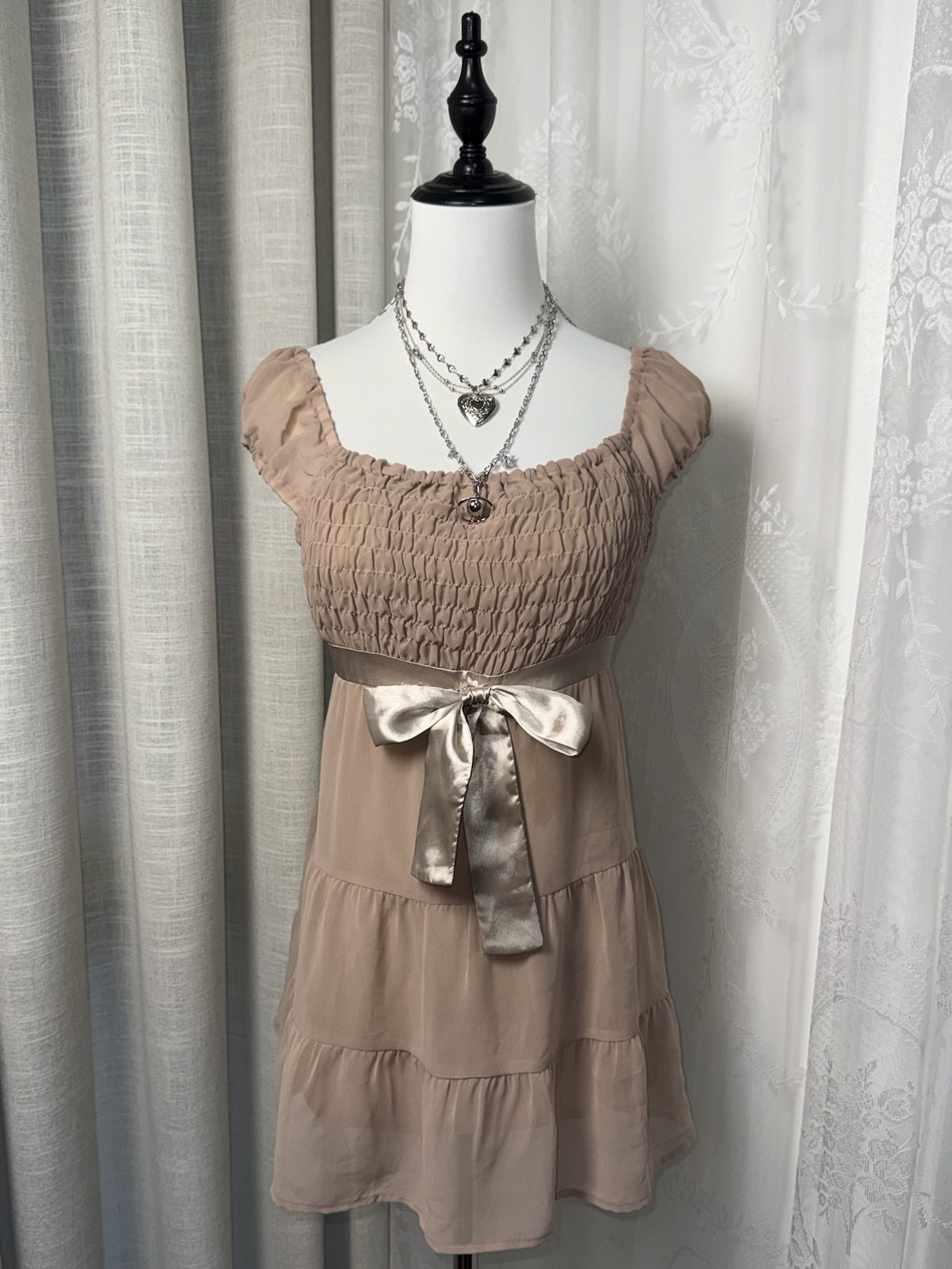 Taupe Smocked Milkmaid Tiered Dress