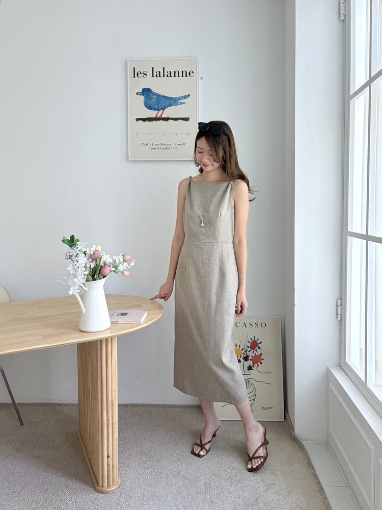 Linen Blend Twisted Strap Dress (Mocha)