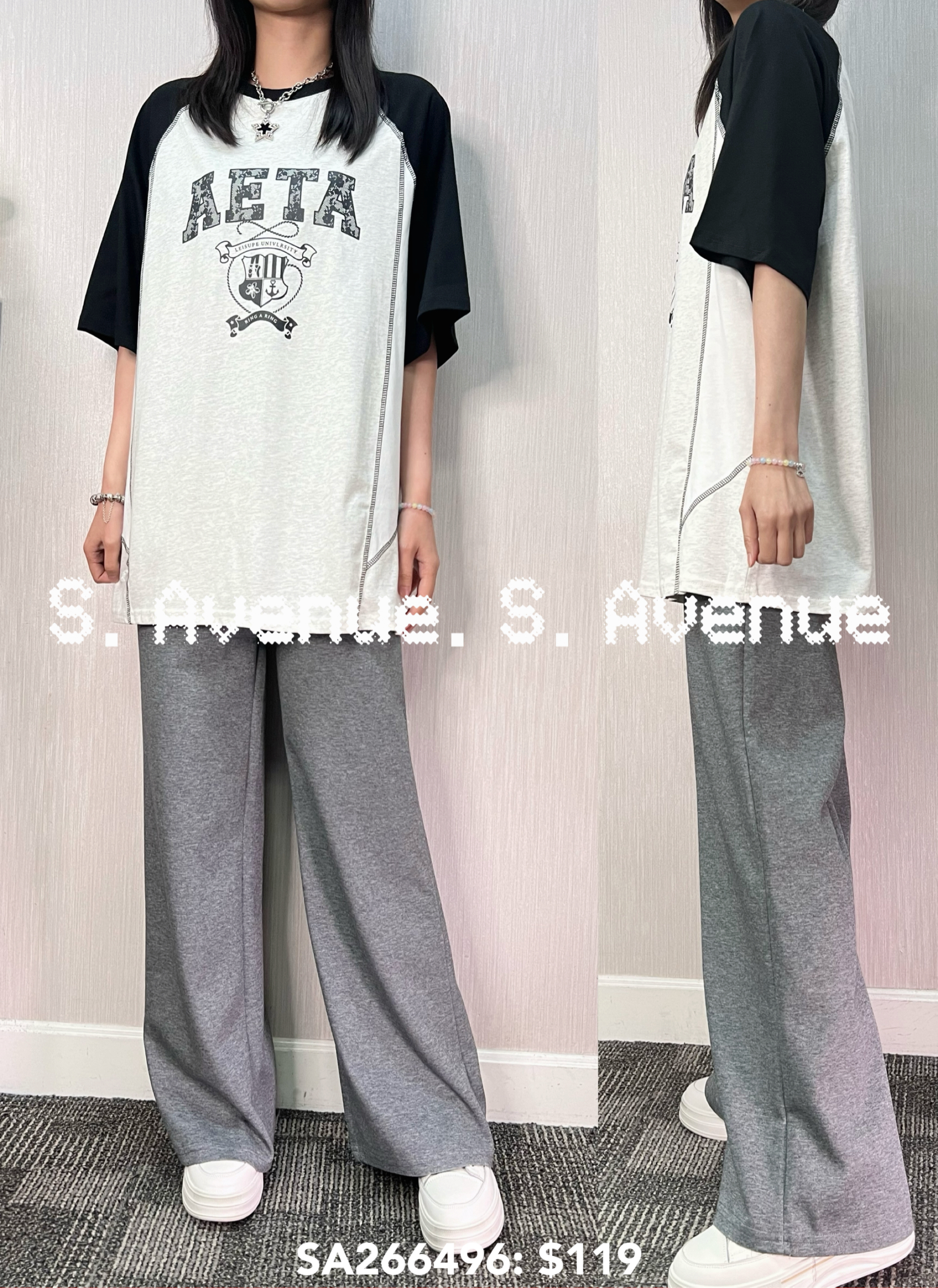 SA266496: 短袖拼色拼布英文字長tee