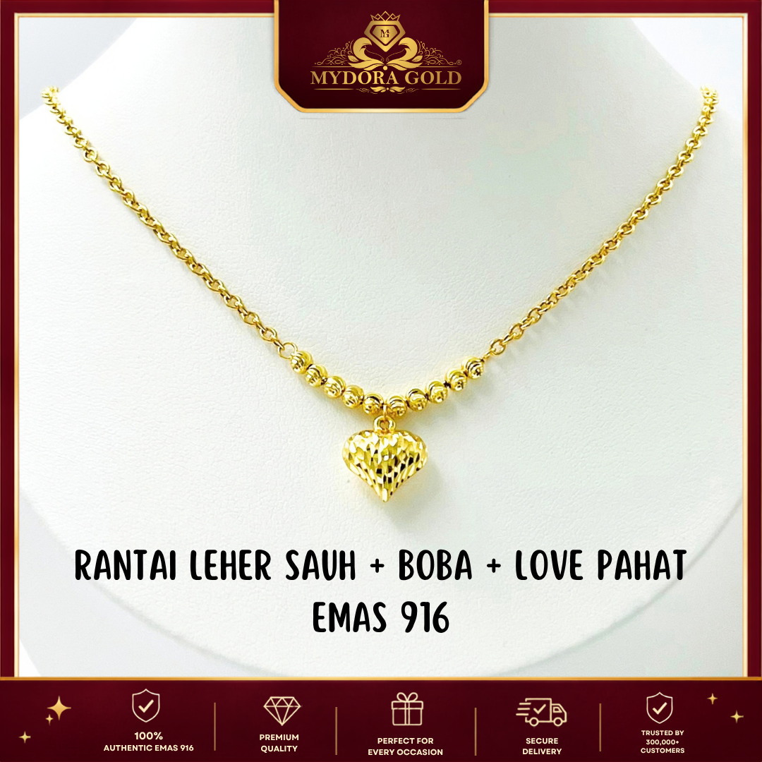 MYDORA Rantai Leher Sauh + Boba + Love Pahat l EMAS 916/22K