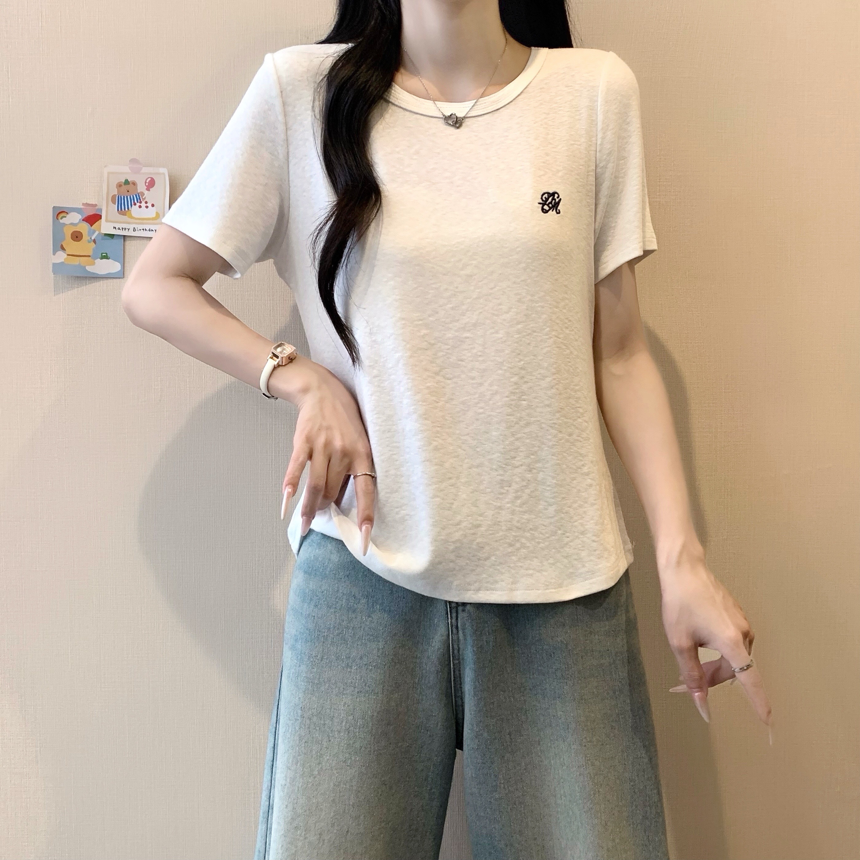 B360(7016) 韩版圆领短袖小刺绣LOGO 5色上衣 