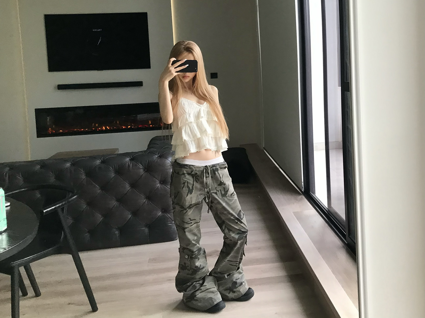 Camo Low-Rise Flare Cargo Pants