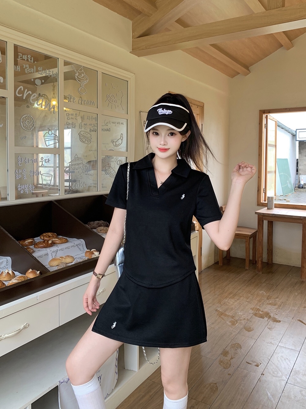 B127(3309) 韩版时尚运动风POLO翻领LOGO上衣与短裙4色套装