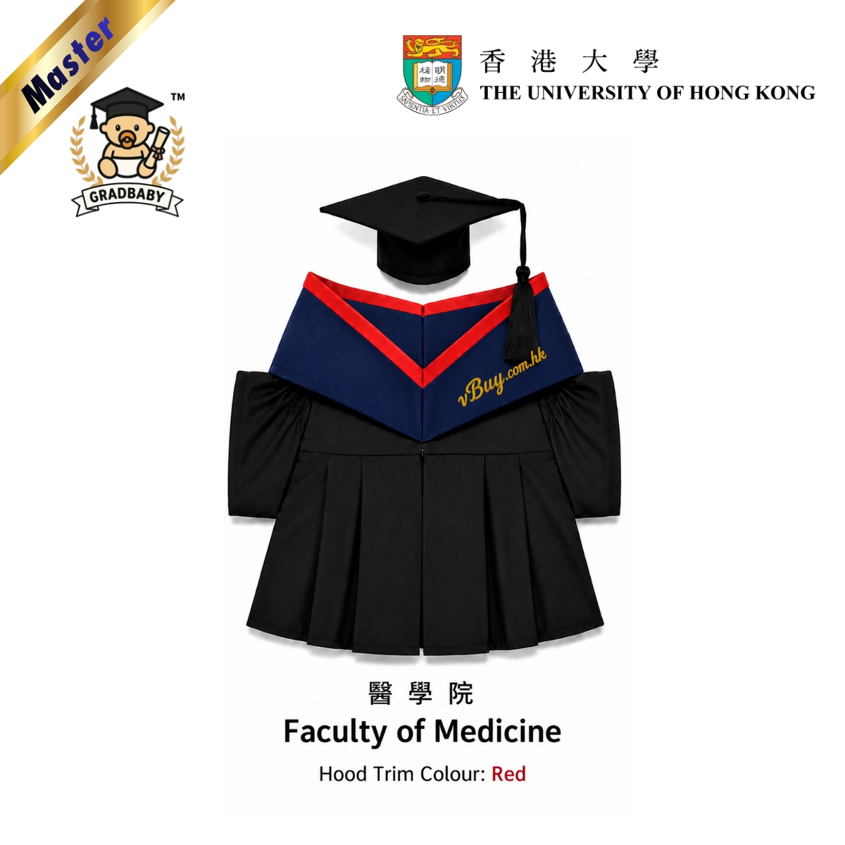 香港大學碩士公仔畢業袍【Faculty of Medicine】可綉名校名年份校章 HKU Master Graduation Gown 香港製作