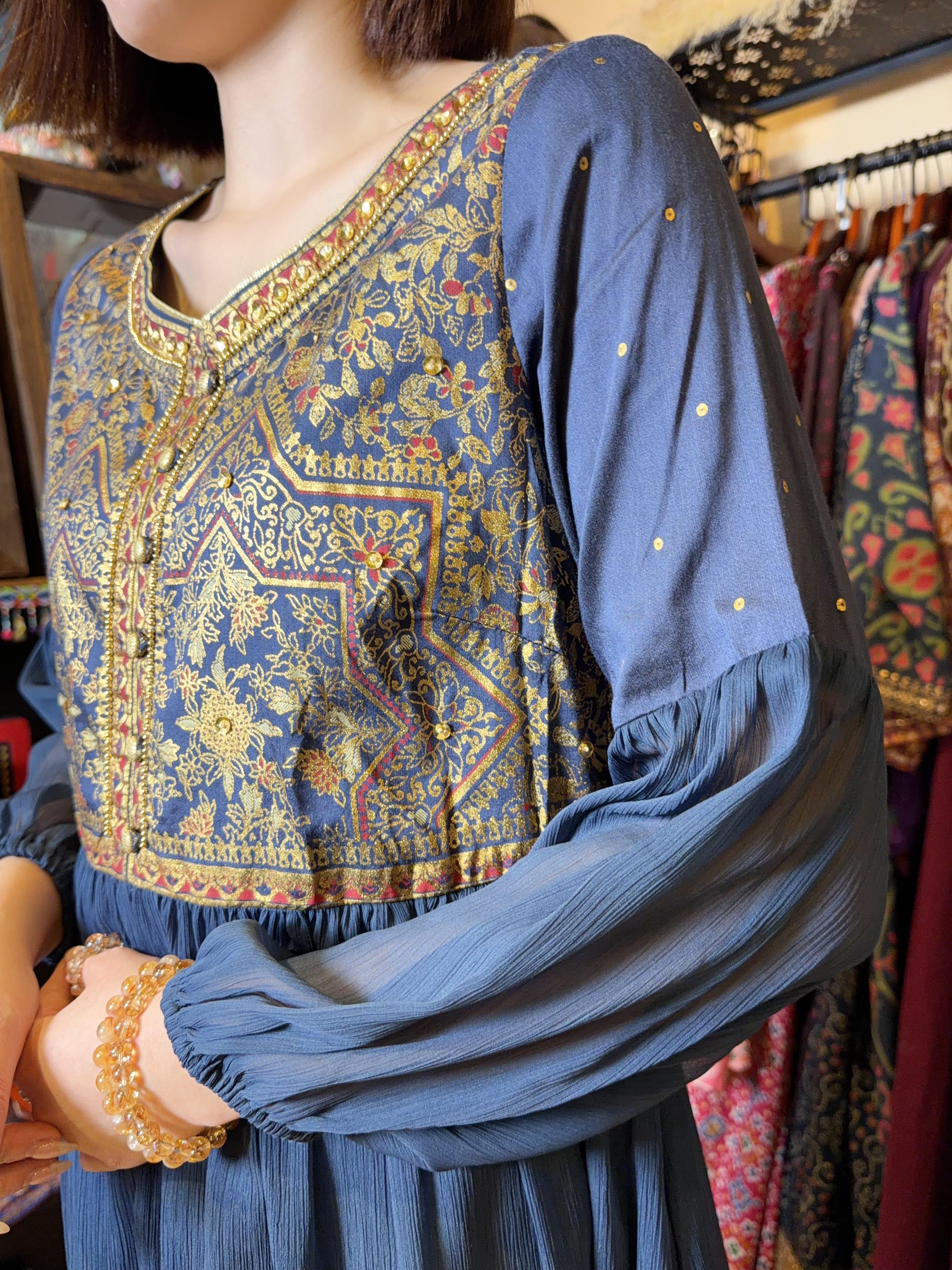 Royal Blue Gold Print Round Neck Chiffon OP 39.5" #1124