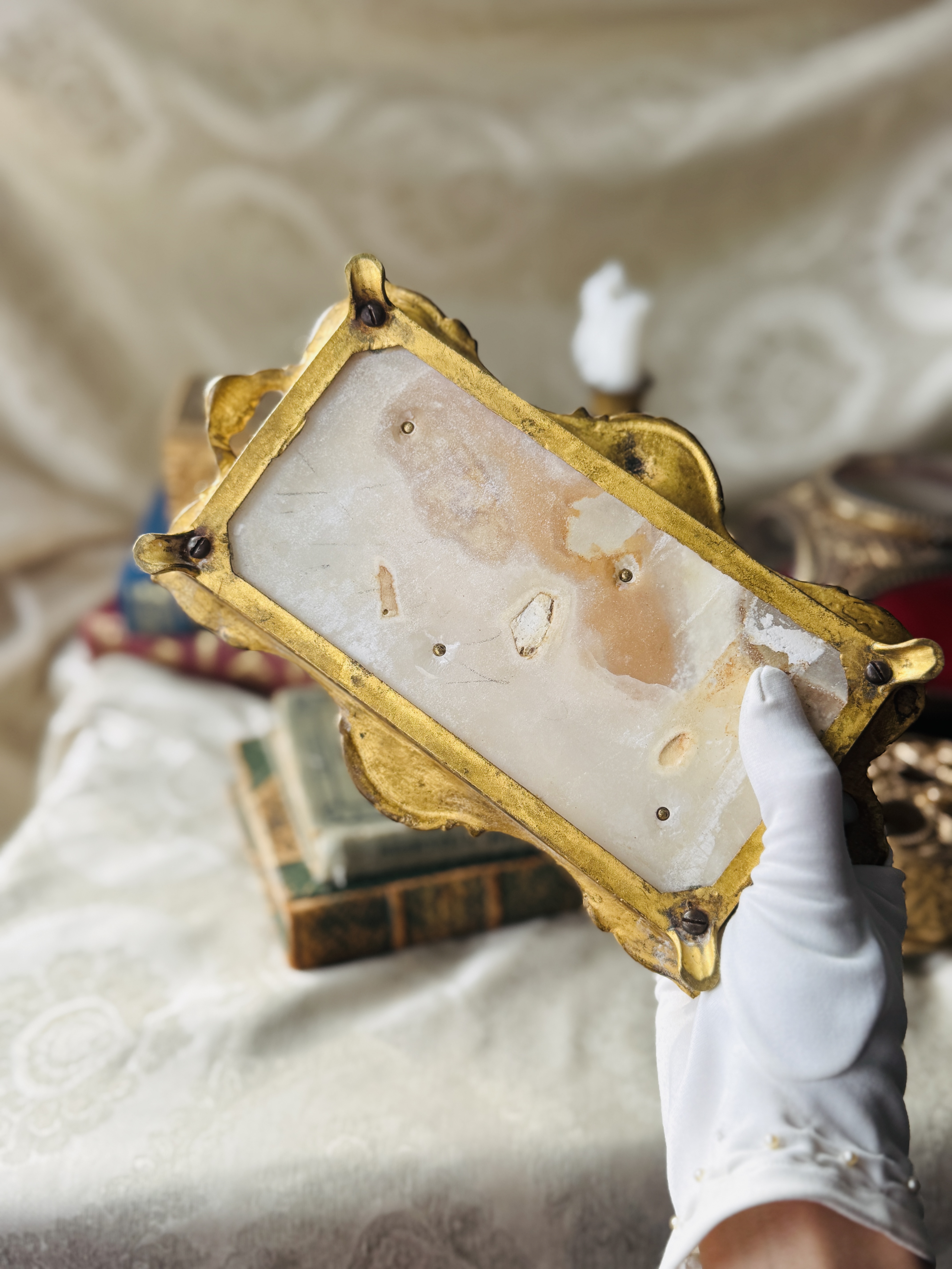 Antique European Late 1800-Early 1900s Alabaster Ornate Tray (MT2488)