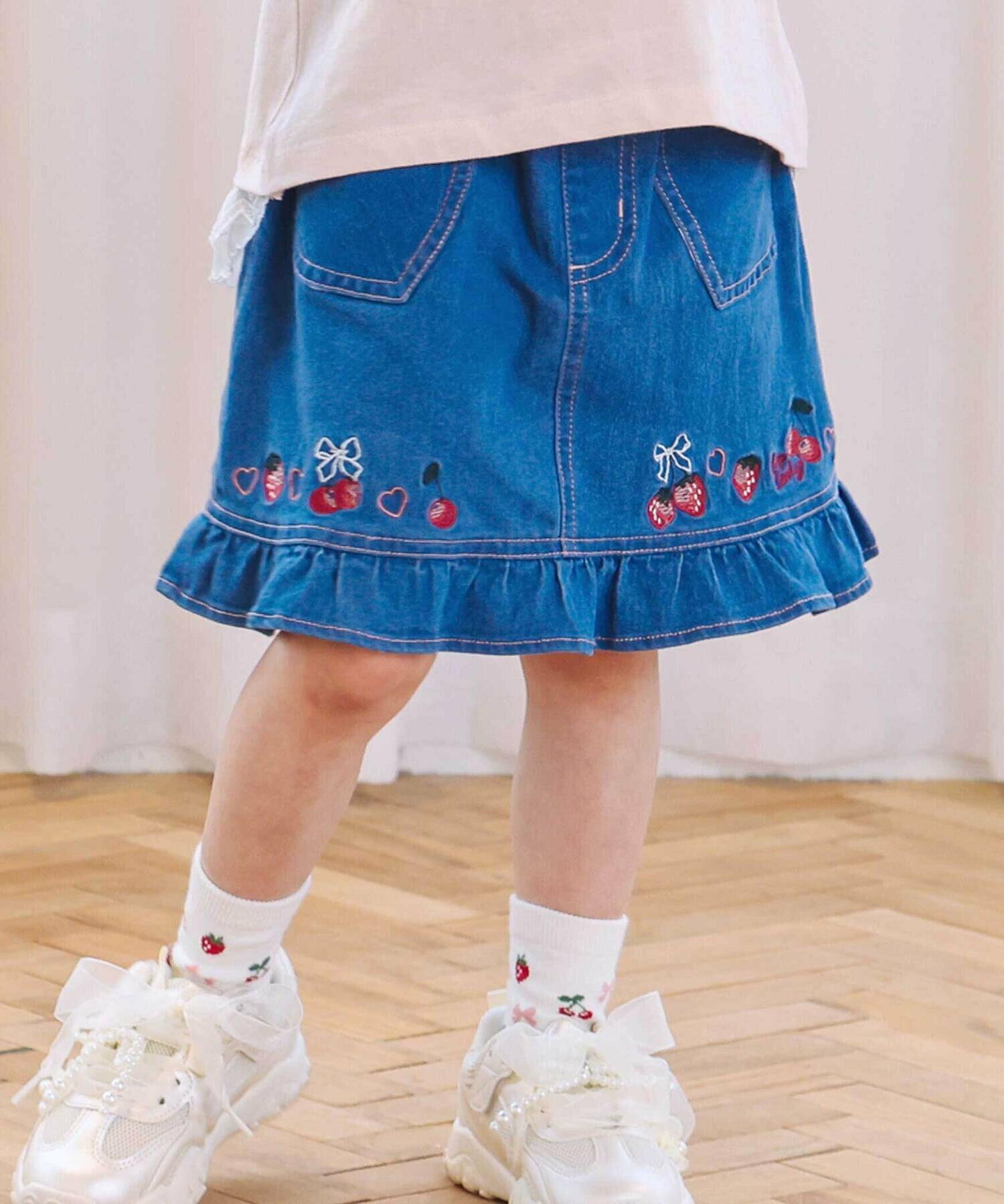 🆕【⭐訂購⭐】🌀 🇯🇵 日本直送 草莓櫻桃刺繡 心型口袋 荷葉邊 牛仔裙(短褲內襯)［2款選］🌀 [ELJA-0038][261104]