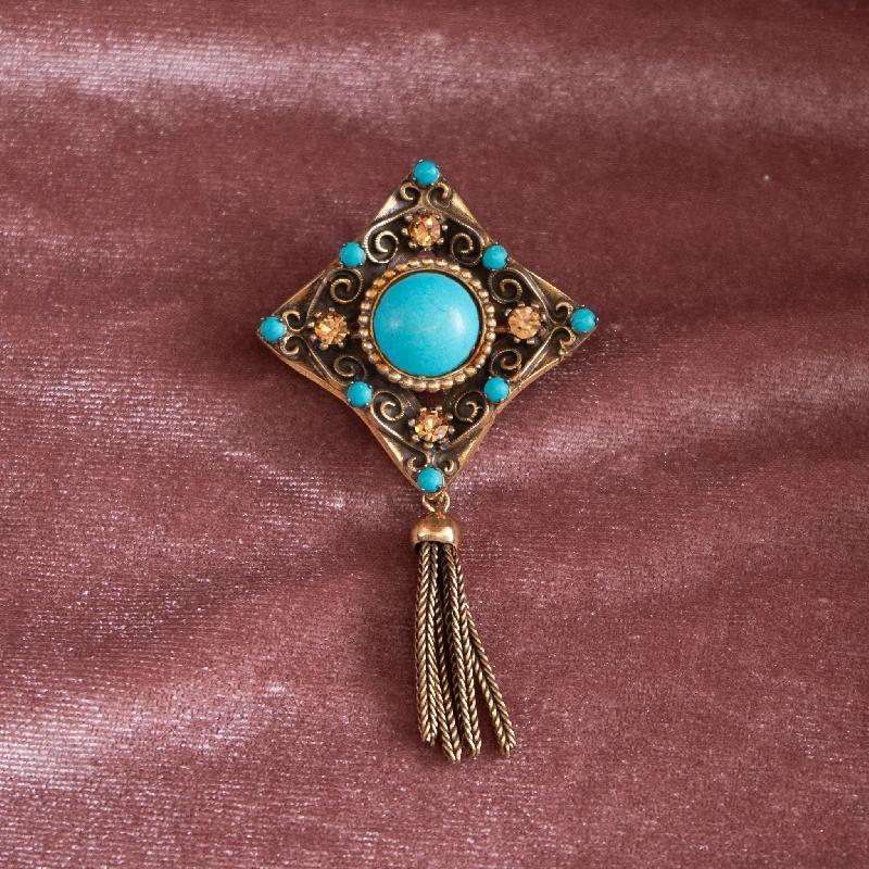 C.a. 1950-60s Victorian Revival Turquoise Paste Cabochon Tassel Brooch(EA1863)