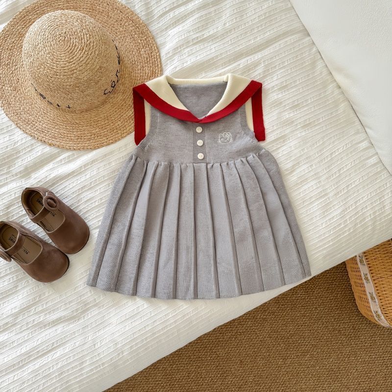 551982 | Charming Sailor-Style Pleated Knit Dress for Girls