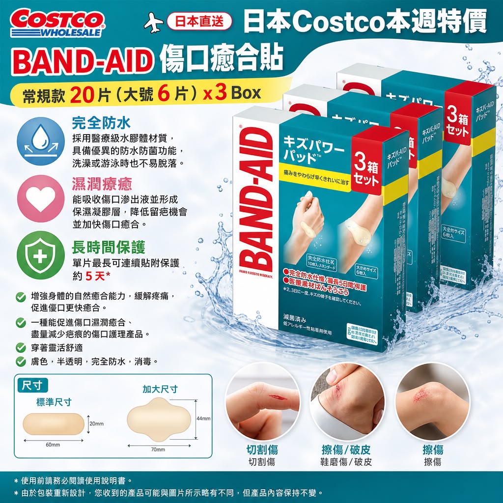 日本Costco│ BAND-AID 傷口癒合貼 (標準20片 / 加大6片) X 3盒