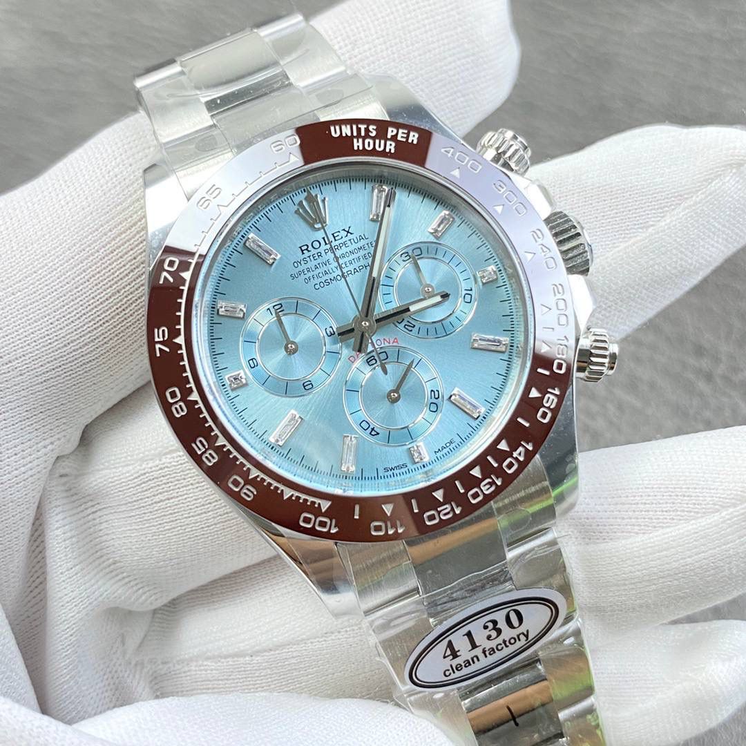 C厂！劳力士迪通拿系列，冰蓝迪！莫桑钻刻度，搭载丹东厂的4130机芯，40mm直径，12.2厚度！