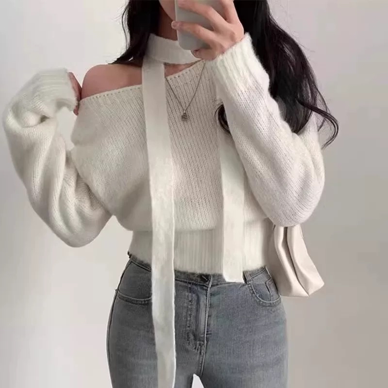 東大門短款針織毛衣+掛頸巾