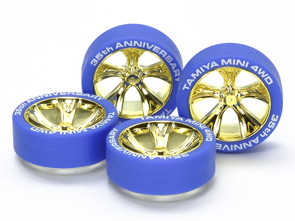 MINI 4WD 35th ANNIVERSARY BLUE TIRES & GOLD PLATED A-SPOKE WHEELS