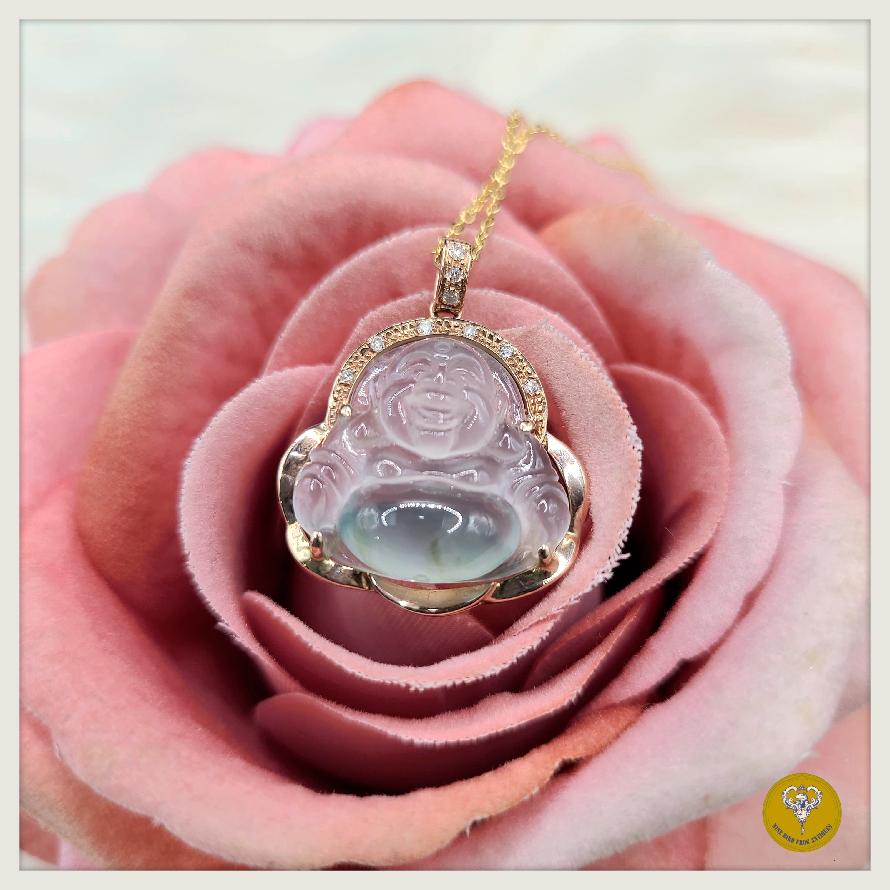 80年代高冰種翡翠彌勒佛鑽石18k金鑲嵌配純銀包金頸鍊（付證書）